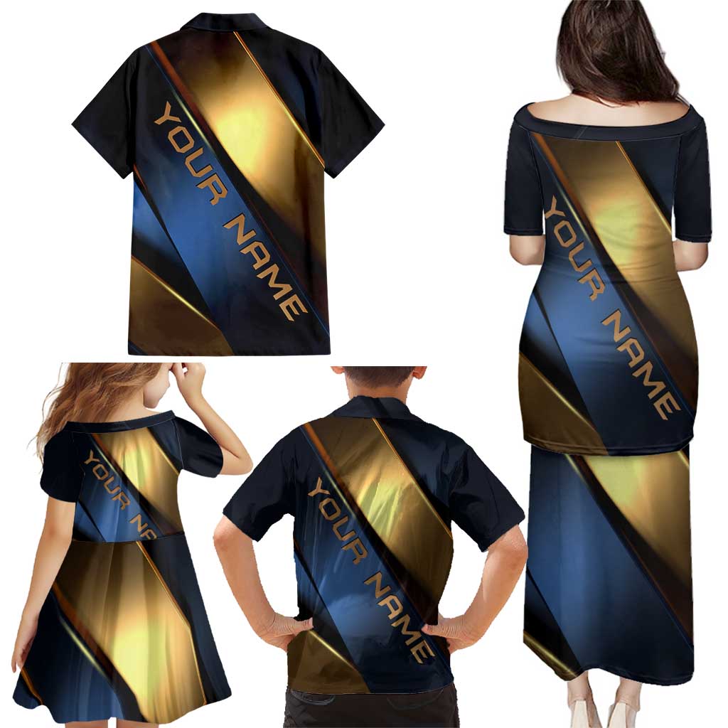 Angry Bowling Ball and Pins Family Matching Puletasi and Hawaiian Shirt with Blue and Gold Metallic Stripe Graphic Design - Wonder Print Shop