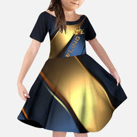 Angry Bowling Ball and Pins Family Matching Short Sleeve Bodycon Dress and Hawaiian Shirt with Blue and Gold Metallic Stripe Graphic Design - Wonder Print Shop