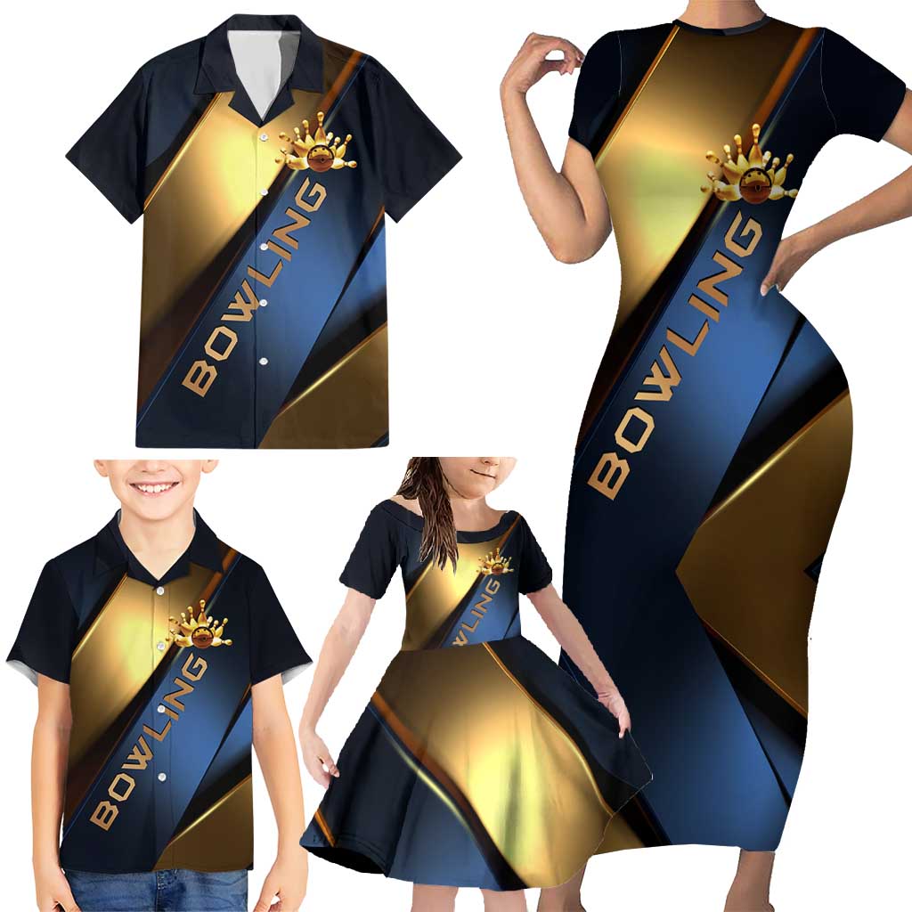 Angry Bowling Ball and Pins Family Matching Short Sleeve Bodycon Dress and Hawaiian Shirt with Blue and Gold Metallic Stripe Graphic Design - Wonder Print Shop