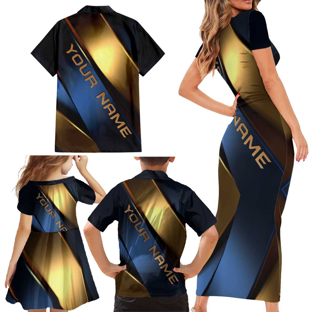Angry Bowling Ball and Pins Family Matching Short Sleeve Bodycon Dress and Hawaiian Shirt with Blue and Gold Metallic Stripe Graphic Design - Wonder Print Shop