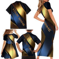 Angry Bowling Ball and Pins Family Matching Short Sleeve Bodycon Dress and Hawaiian Shirt with Blue and Gold Metallic Stripe Graphic Design - Wonder Print Shop