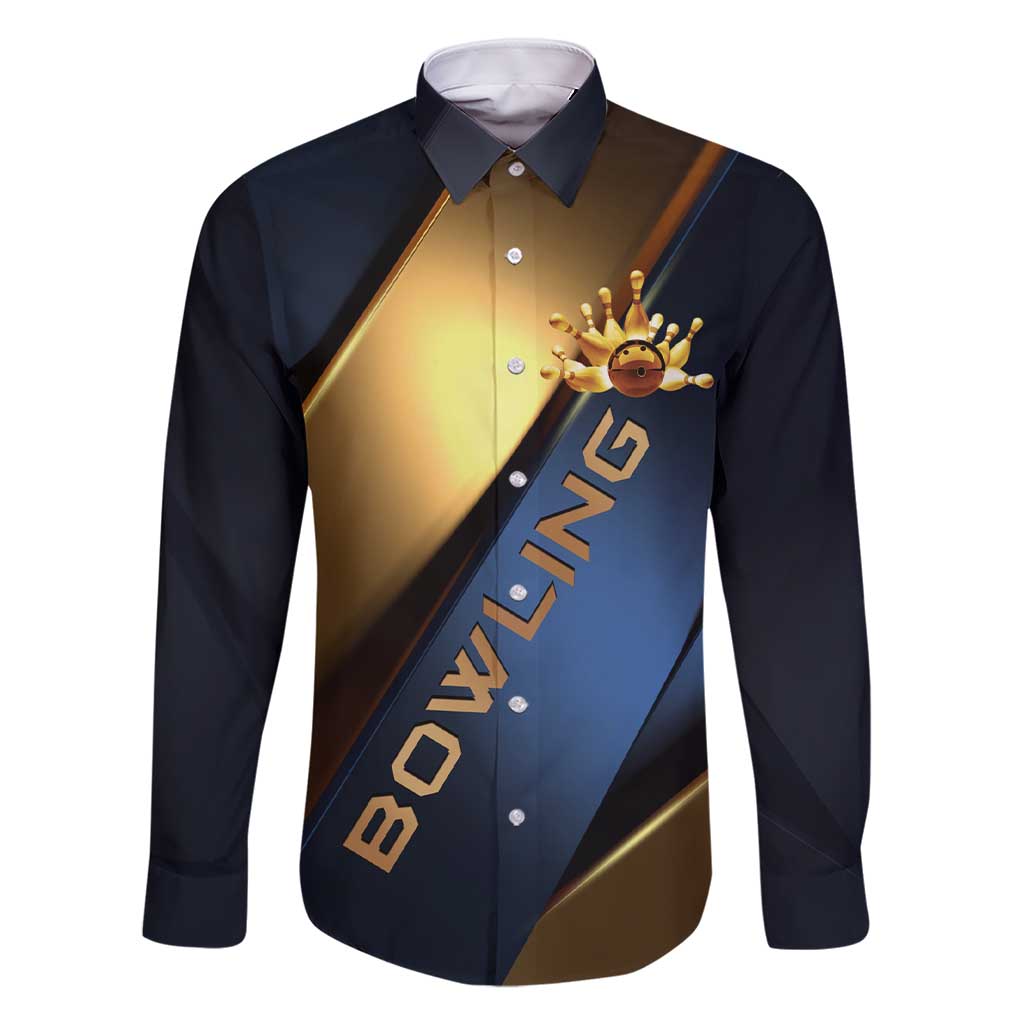 Angry Bowling Ball and Pins Family Matching Short Sleeve Bodycon Dress and Hawaiian Shirt with Blue and Gold Metallic Stripe Graphic Design - Wonder Print Shop