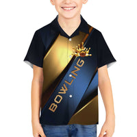 Angry Bowling Ball and Pins Family Matching Short Sleeve Bodycon Dress and Hawaiian Shirt with Blue and Gold Metallic Stripe Graphic Design - Wonder Print Shop