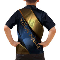 Angry Bowling Ball and Pins Family Matching Summer Maxi Dress and Hawaiian Shirt with Blue and Gold Metallic Stripe Graphic Design - Wonder Print Shop