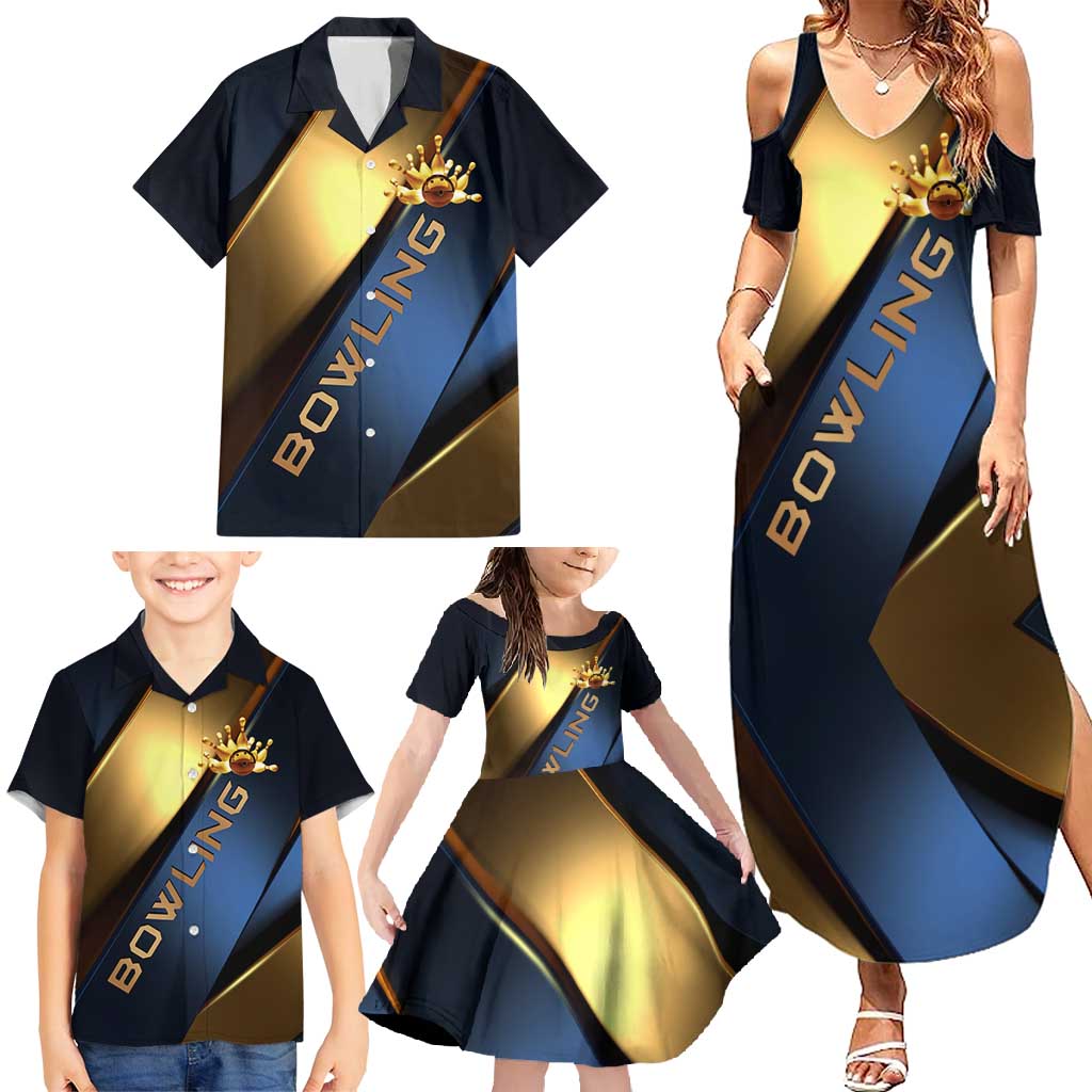 Angry Bowling Ball and Pins Family Matching Summer Maxi Dress and Hawaiian Shirt with Blue and Gold Metallic Stripe Graphic Design - Wonder Print Shop