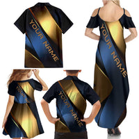 Angry Bowling Ball and Pins Family Matching Summer Maxi Dress and Hawaiian Shirt with Blue and Gold Metallic Stripe Graphic Design - Wonder Print Shop