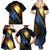 Angry Bowling Ball and Pins Family Matching Summer Maxi Dress and Hawaiian Shirt with Blue and Gold Metallic Stripe Graphic Design - Wonder Print Shop