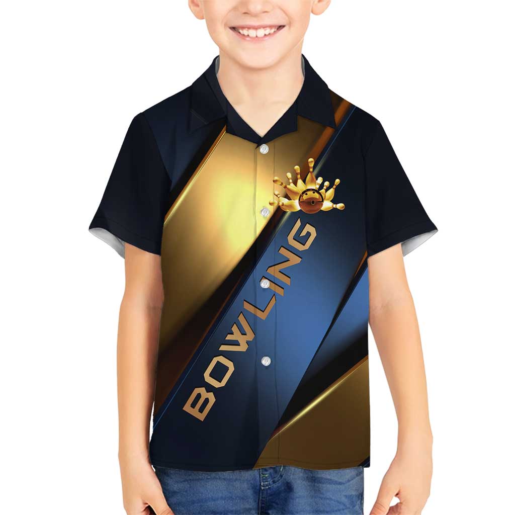 Angry Bowling Ball and Pins Family Matching Summer Maxi Dress and Hawaiian Shirt with Blue and Gold Metallic Stripe Graphic Design - Wonder Print Shop