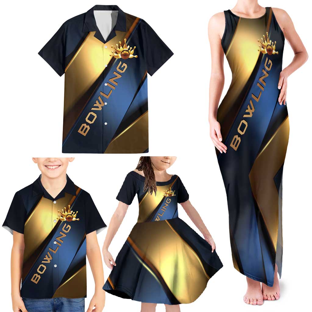Angry Bowling Ball and Pins Family Matching Tank Maxi Dress and Hawaiian Shirt with Blue and Gold Metallic Stripe Graphic Design - Wonder Print Shop