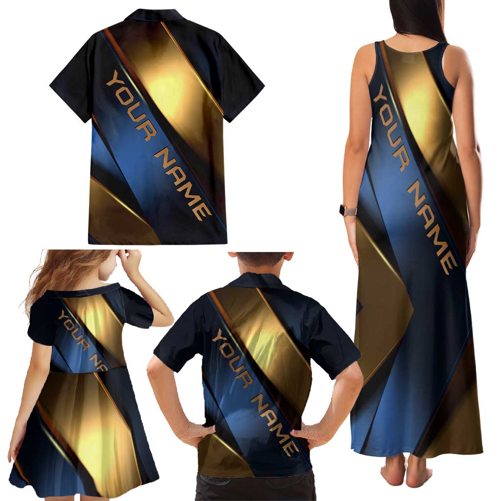 Angry Bowling Ball and Pins Family Matching Tank Maxi Dress and Hawaiian Shirt with Blue and Gold Metallic Stripe Graphic Design - Wonder Print Shop