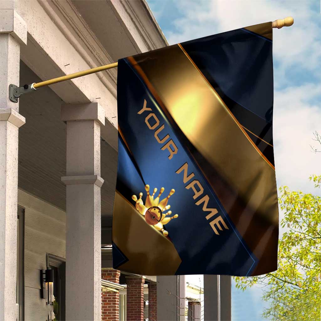 Angry Bowling Ball and Pins Garden Flag with Blue and Gold Metallic Stripe Graphic Design - Wonder Print Shop