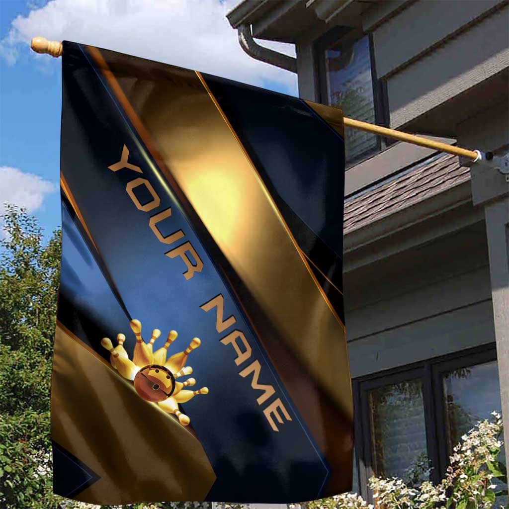 Angry Bowling Ball and Pins Garden Flag with Blue and Gold Metallic Stripe Graphic Design - Wonder Print Shop