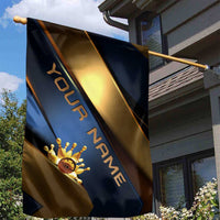 Angry Bowling Ball and Pins Garden Flag with Blue and Gold Metallic Stripe Graphic Design - Wonder Print Shop