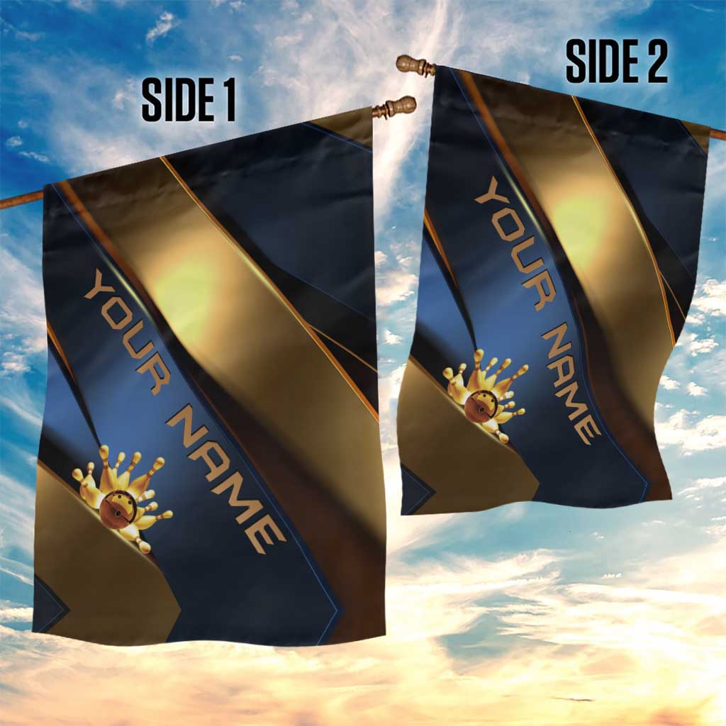 Angry Bowling Ball and Pins Garden Flag with Blue and Gold Metallic Stripe Graphic Design - Wonder Print Shop