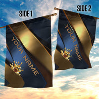 Angry Bowling Ball and Pins Garden Flag with Blue and Gold Metallic Stripe Graphic Design - Wonder Print Shop