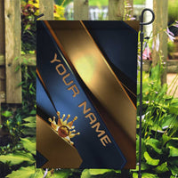 Angry Bowling Ball and Pins Garden Flag with Blue and Gold Metallic Stripe Graphic Design - Wonder Print Shop