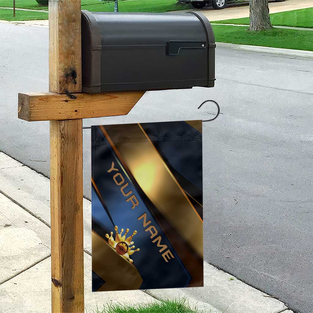 Angry Bowling Ball and Pins Garden Flag with Blue and Gold Metallic Stripe Graphic Design - Wonder Print Shop