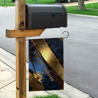 Angry Bowling Ball and Pins Garden Flag with Blue and Gold Metallic Stripe Graphic Design - Wonder Print Shop