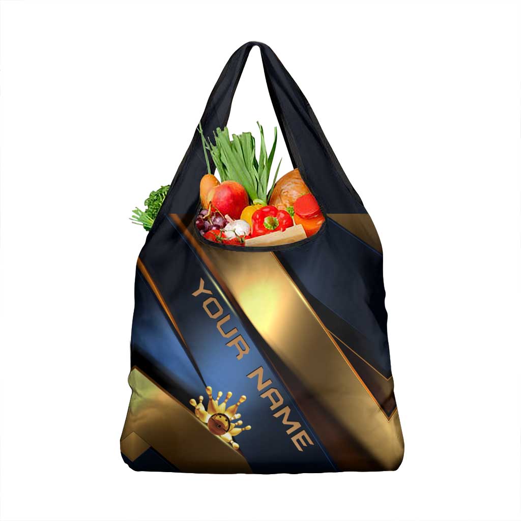 Angry Bowling Ball and Pins Grocery Bag with Blue and Gold Metallic Stripe Graphic Design - Wonder Print Shop