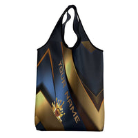 Angry Bowling Ball and Pins Grocery Bag with Blue and Gold Metallic Stripe Graphic Design - Wonder Print Shop