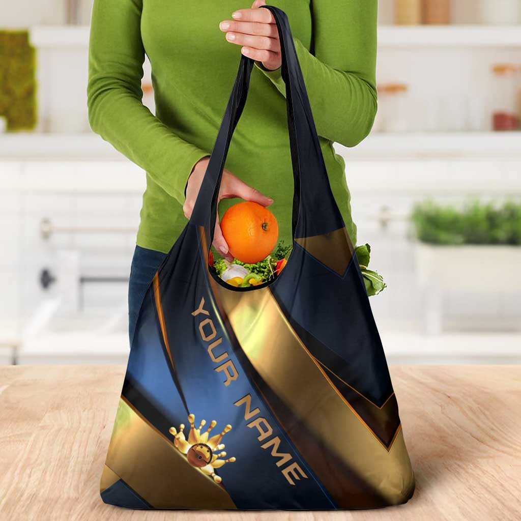Angry Bowling Ball and Pins Grocery Bag with Blue and Gold Metallic Stripe Graphic Design - Wonder Print Shop