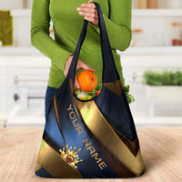 Angry Bowling Ball and Pins Grocery Bag with Blue and Gold Metallic Stripe Graphic Design - Wonder Print Shop