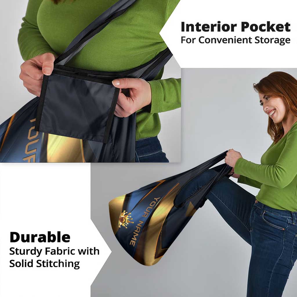 Angry Bowling Ball and Pins Grocery Bag with Blue and Gold Metallic Stripe Graphic Design - Wonder Print Shop