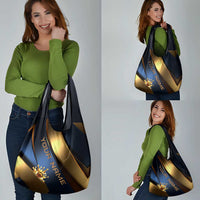 Angry Bowling Ball and Pins Grocery Bag with Blue and Gold Metallic Stripe Graphic Design - Wonder Print Shop