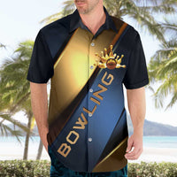Angry Bowling Ball and Pins Hawaiian Shirt with Blue and Gold Metallic Stripe Graphic Design - Wonder Print Shop
