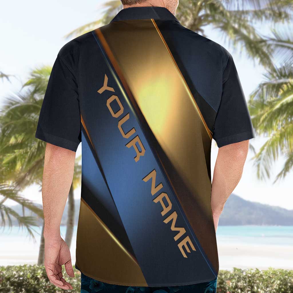 Angry Bowling Ball and Pins Hawaiian Shirt with Blue and Gold Metallic Stripe Graphic Design - Wonder Print Shop