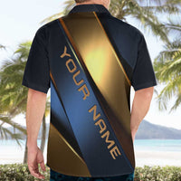 Angry Bowling Ball and Pins Hawaiian Shirt with Blue and Gold Metallic Stripe Graphic Design - Wonder Print Shop