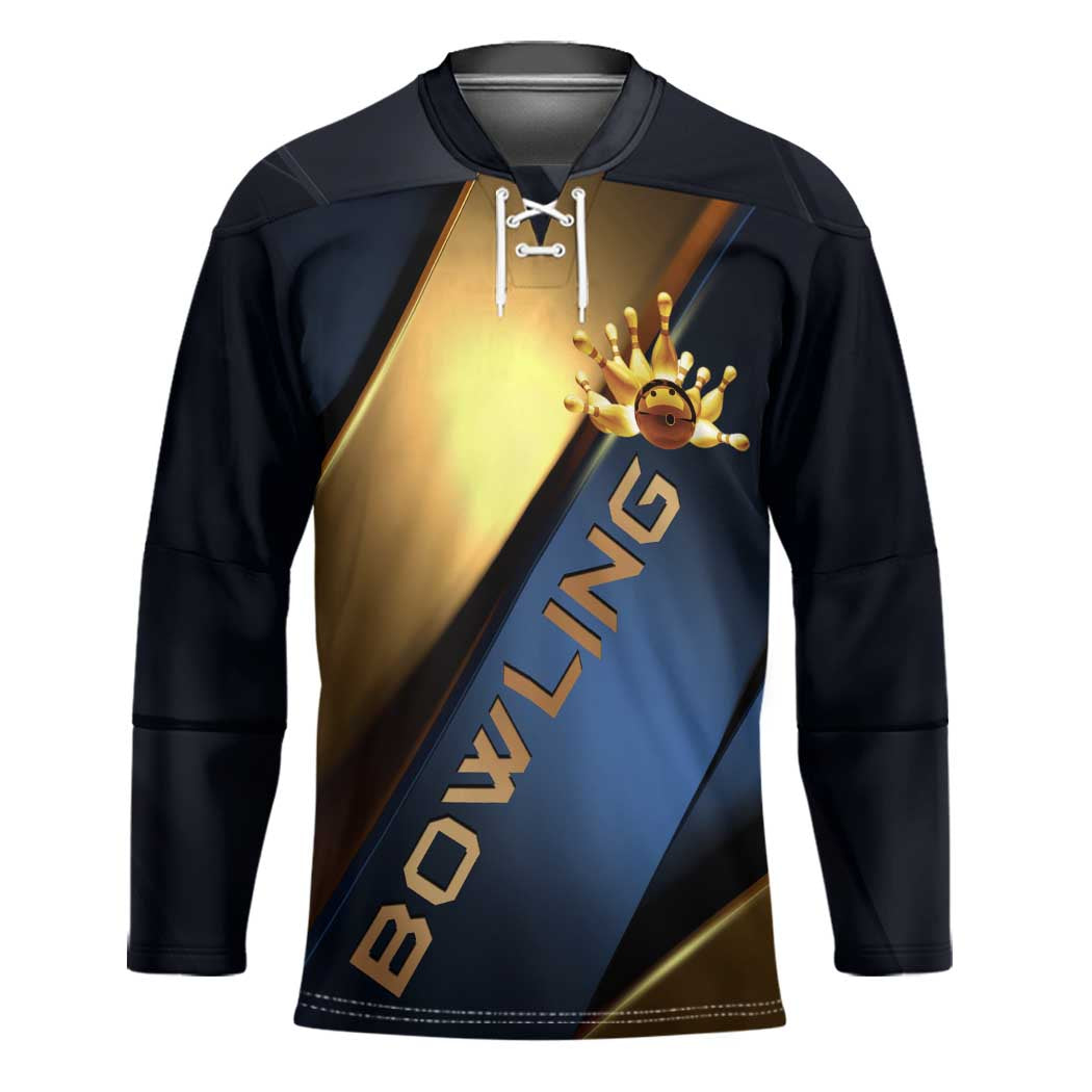 Angry Bowling Ball and Pins Hockey Jersey with Blue and Gold Metallic Stripe Graphic Design - Wonder Print Shop
