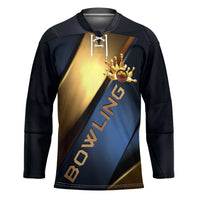Angry Bowling Ball and Pins Hockey Jersey with Blue and Gold Metallic Stripe Graphic Design - Wonder Print Shop
