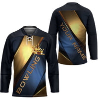 Angry Bowling Ball and Pins Hockey Jersey with Blue and Gold Metallic Stripe Graphic Design - Wonder Print Shop