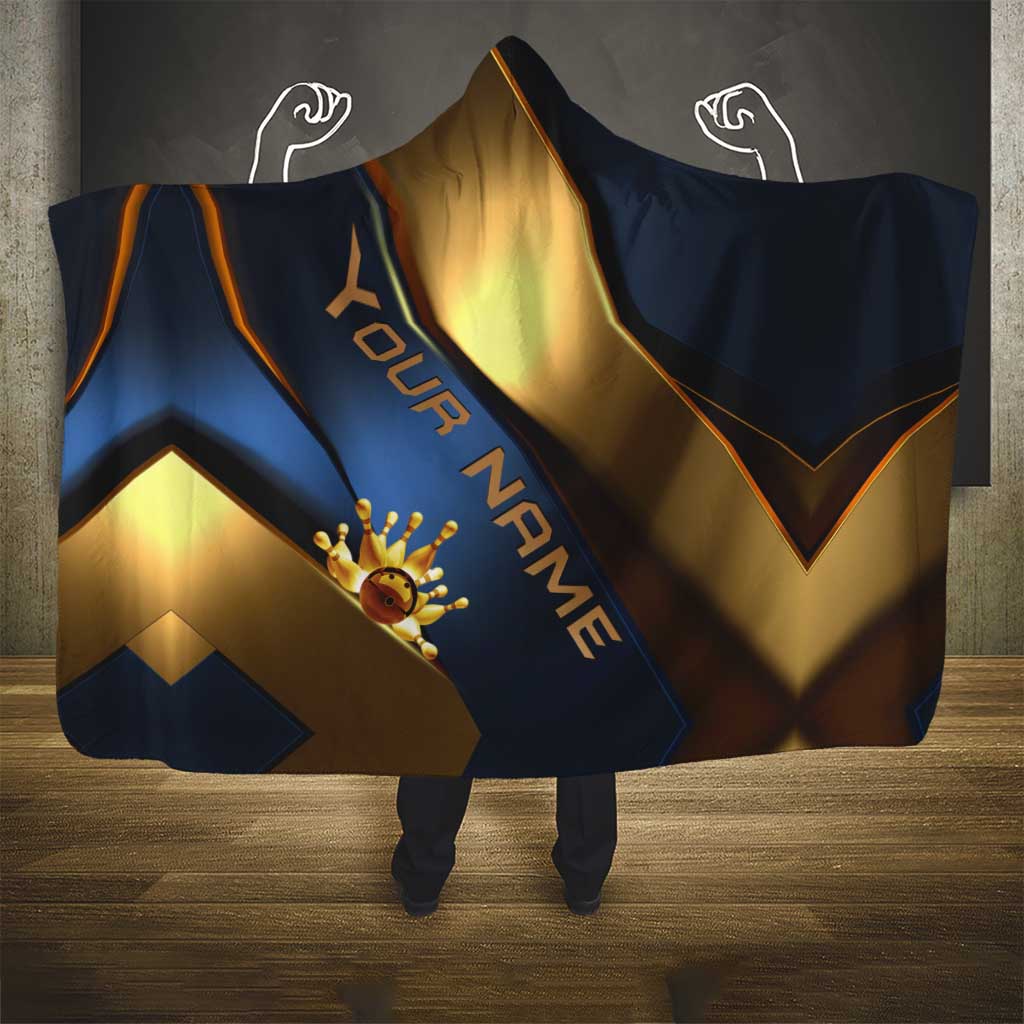 Angry Bowling Ball and Pins Hooded Blanket with Blue and Gold Metallic Stripe Graphic Design - Wonder Print Shop