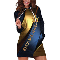 Angry Bowling Ball and Pins Hoodie Dress with Blue and Gold Metallic Stripe Graphic Design - Wonder Print Shop
