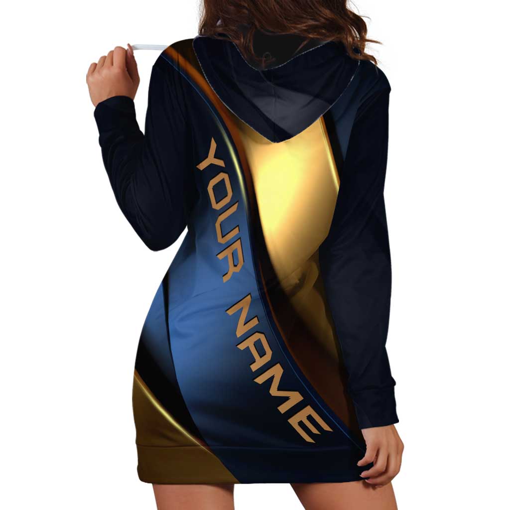 Angry Bowling Ball and Pins Hoodie Dress with Blue and Gold Metallic Stripe Graphic Design - Wonder Print Shop