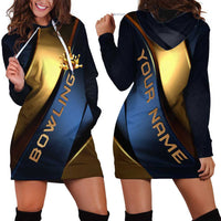 Angry Bowling Ball and Pins Hoodie Dress with Blue and Gold Metallic Stripe Graphic Design - Wonder Print Shop
