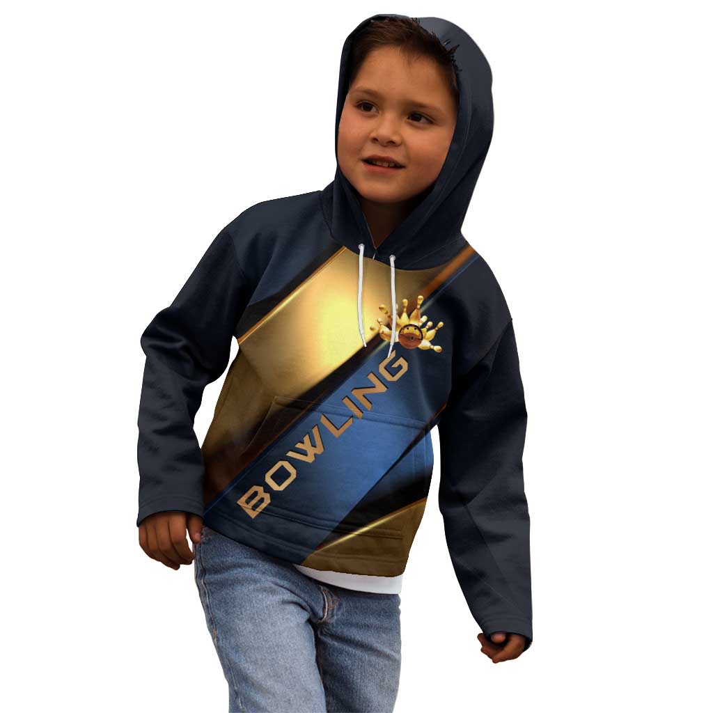 Angry Bowling Ball and Pins Kid Hoodie with Blue and Gold Metallic Stripe Graphic Design - Wonder Print Shop