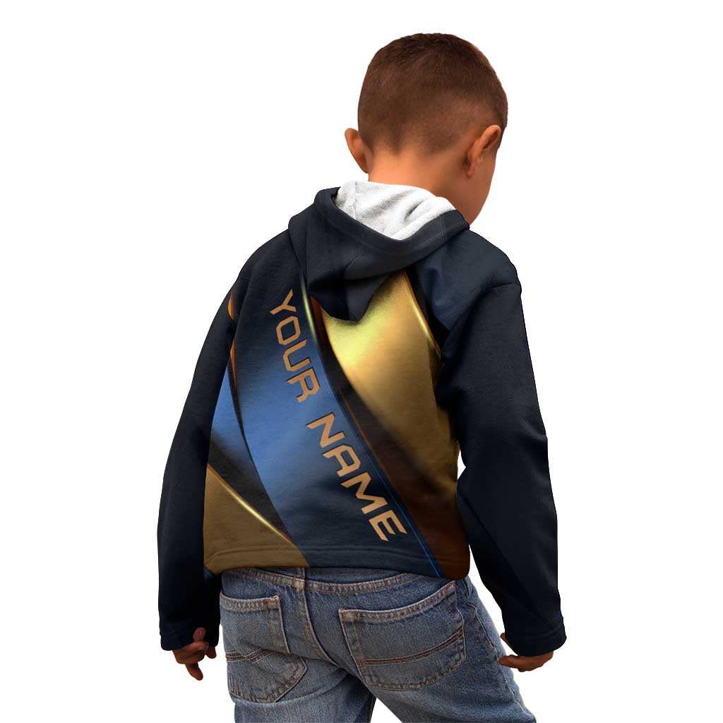 Angry Bowling Ball and Pins Kid Hoodie with Blue and Gold Metallic Stripe Graphic Design - Wonder Print Shop