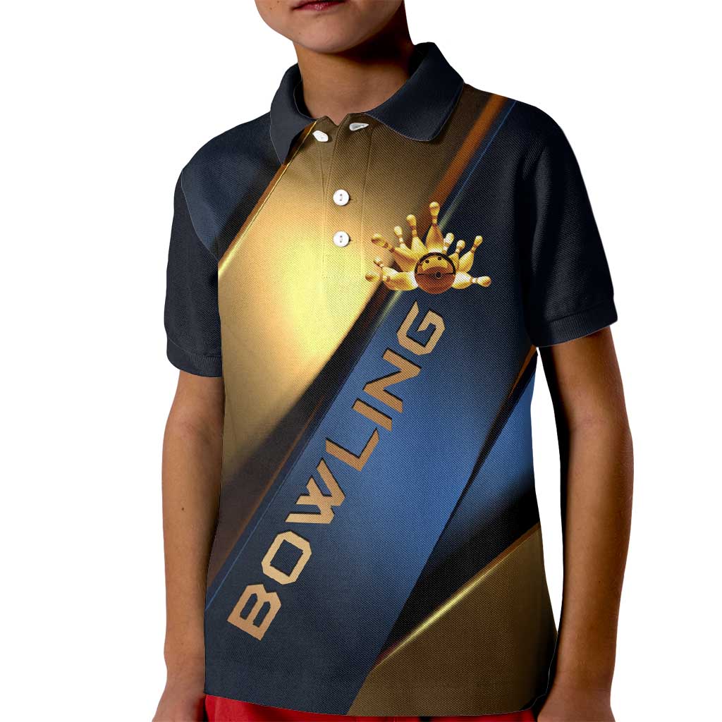 Angry Bowling Ball and Pins Kid Polo Shirt with Blue and Gold Metallic Stripe Graphic Design - Wonder Print Shop