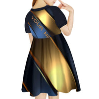 Angry Bowling Ball and Pins Kid Short Sleeve Dress with Blue and Gold Metallic Stripe Graphic Design - Wonder Print Shop