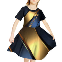 Angry Bowling Ball and Pins Kid Short Sleeve Dress with Blue and Gold Metallic Stripe Graphic Design - Wonder Print Shop