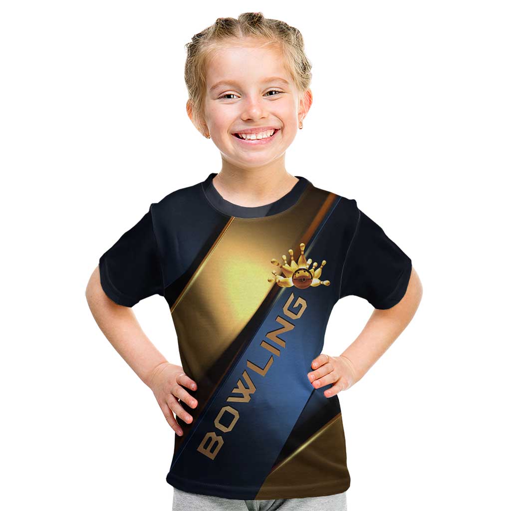 Angry Bowling Ball and Pins Kid T Shirt with Blue and Gold Metallic Stripe Graphic Design - Wonder Print Shop