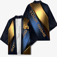 Angry Bowling Ball and Pins Kimono with Blue and Gold Metallic Stripe Graphic Design - Wonder Print Shop