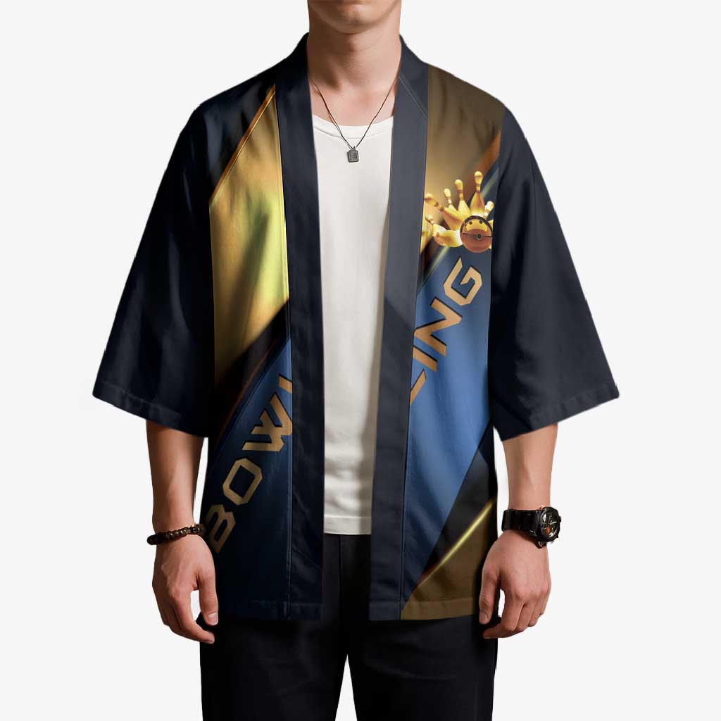 Angry Bowling Ball and Pins Kimono with Blue and Gold Metallic Stripe Graphic Design - Wonder Print Shop