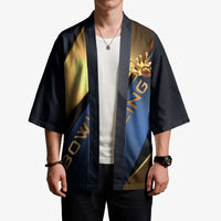 Angry Bowling Ball and Pins Kimono with Blue and Gold Metallic Stripe Graphic Design - Wonder Print Shop