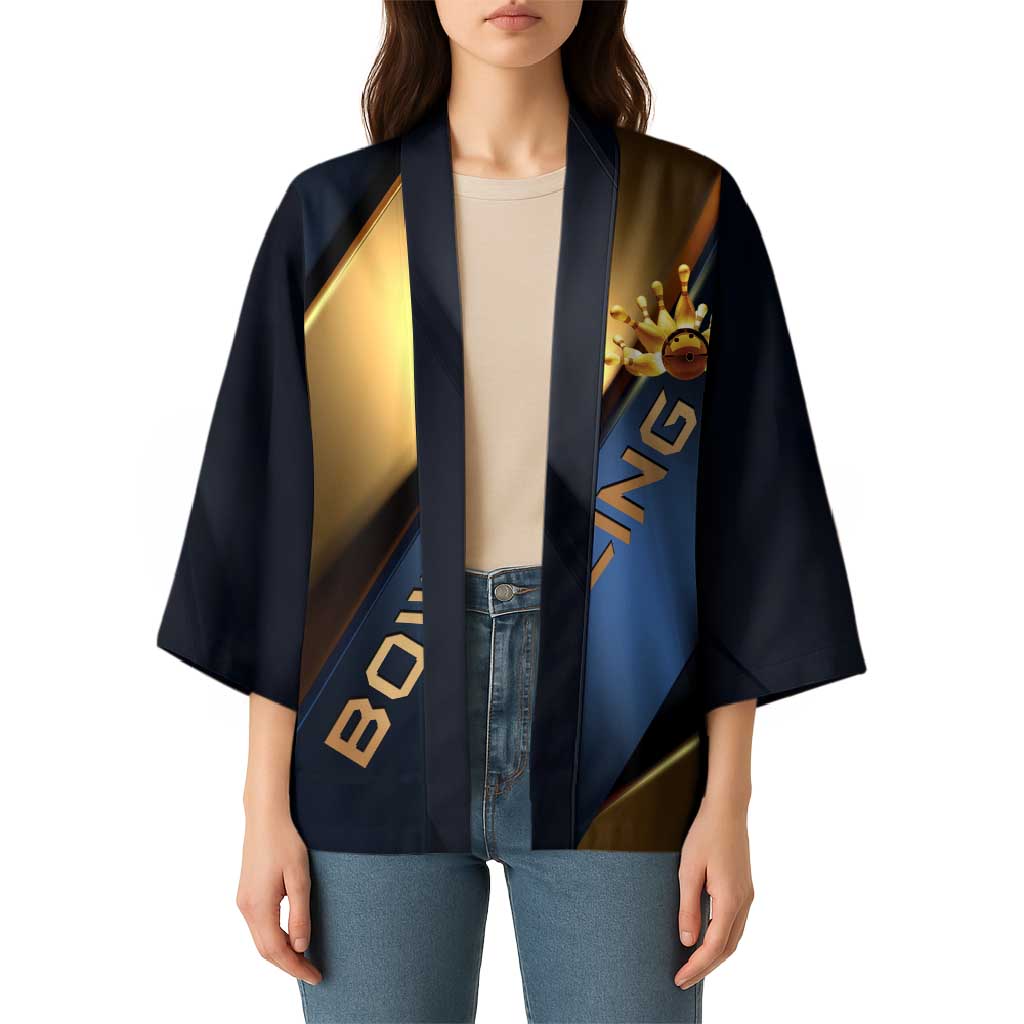 Angry Bowling Ball and Pins Kimono with Blue and Gold Metallic Stripe Graphic Design - Wonder Print Shop