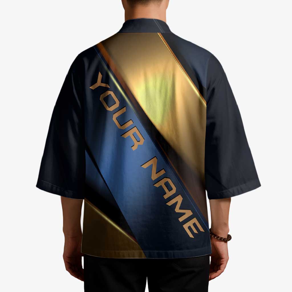 Angry Bowling Ball and Pins Kimono with Blue and Gold Metallic Stripe Graphic Design - Wonder Print Shop