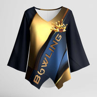Angry Bowling Ball and Pins Kimono Sleeve Blouse with Blue and Gold Metallic Stripe Graphic Design - Wonder Print Shop